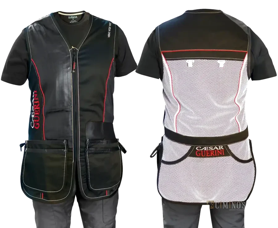 Colete de tiro esportivo preto, com couro preto